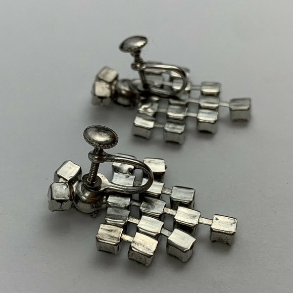 Clear Rhinestone Dangle Screw Back Earrings Vintage - Picture 3 of 4